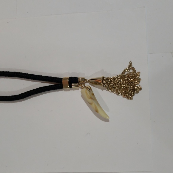 Edgy Gold Black Cord Necklace – Tassel & Faux Tooth Pendant Statement Jewelry - Picture 6 of 9